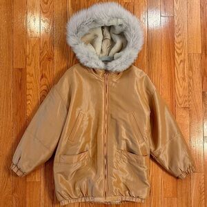 Vintage John Weitz Tan Gold Fox Fur Hood Lined Jacket Coat Sz M cozy warm